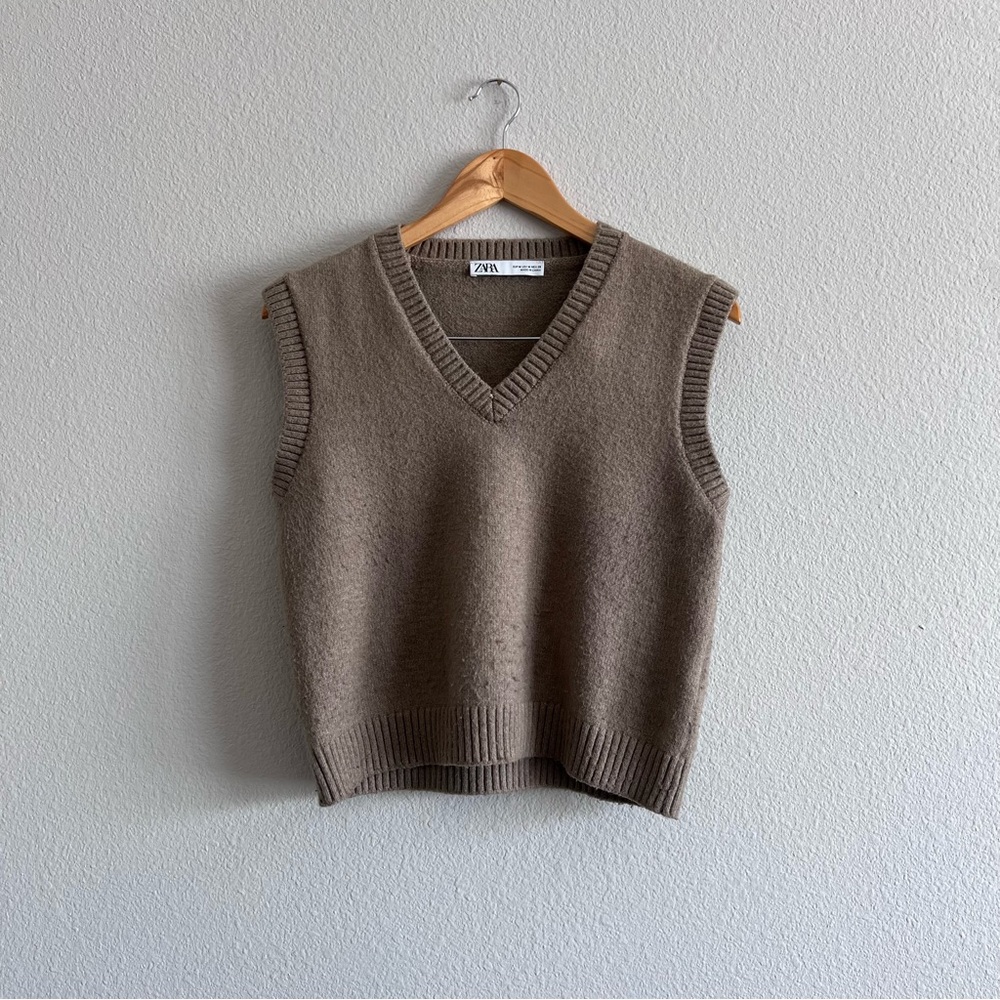 Zara Taupe Knit V-Neck Vest